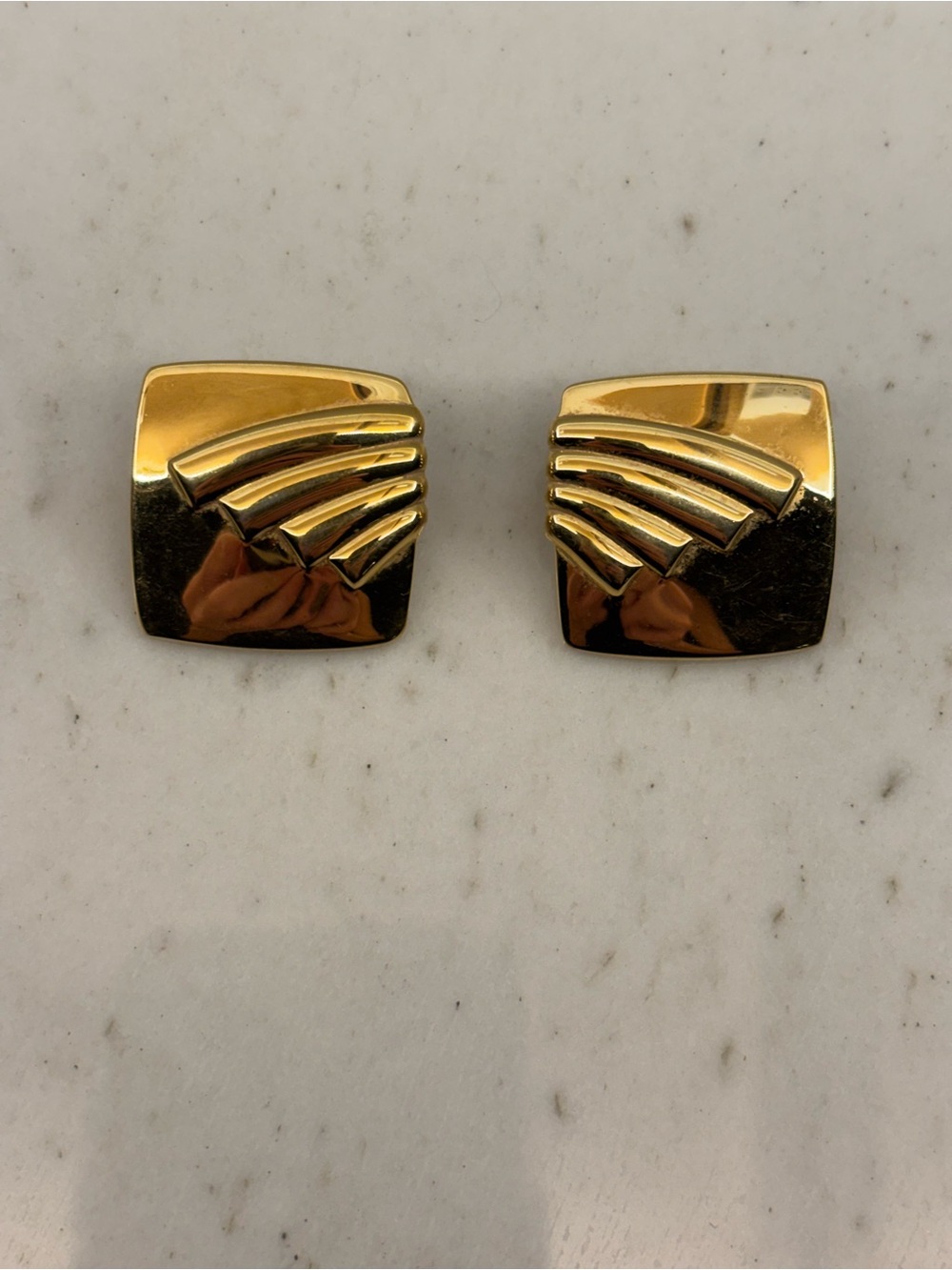Vintage Monet Gold Tone Ribbed Fan Square Pierced Stud Earrings Modernist ‘80’s